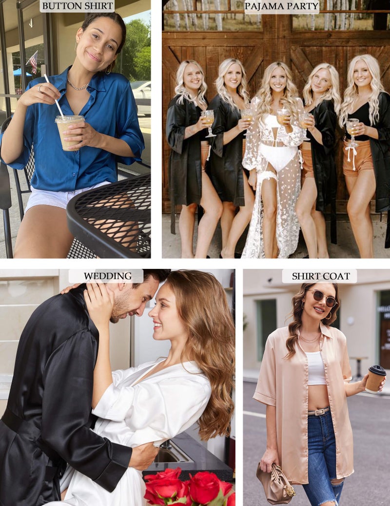 Ekouaer Ladies Satin Night Shirts V Neck Sleepwear Boyfriend Pajama Shirts Irregular Hem Casual Lounge Dress Black M - Image 5